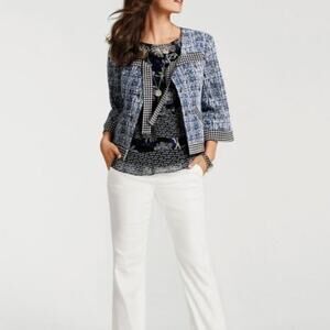 CAbi #5294 Tweed Club Jacket XS Blue Houndstooth Bow Front Retro Preppy Chic